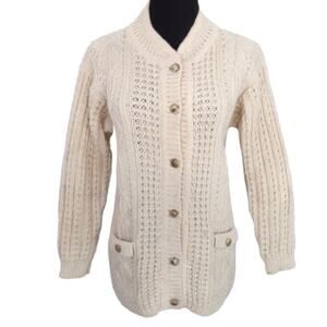 Gaeltarra Ivory Cable Knit Cardigan Sweater 100% Irish Wool Aran Jumper Womens L